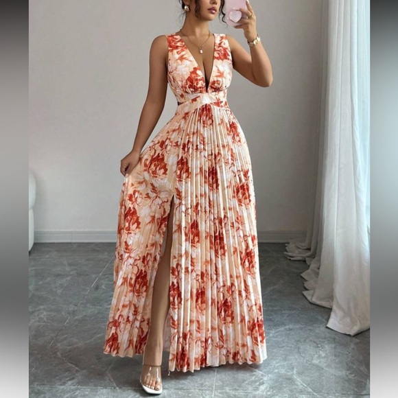 Elegant Orange Floral Maxi Dress